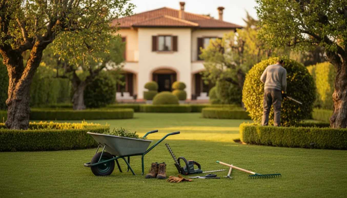 Velplejet villahave med nyslået hæk, havemandsredskaber og en havehjælper set bagfra i blødt gyldent lys.