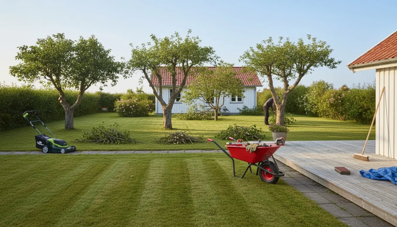 Sommerhushave med nyklippet græs, kantklipning og beskårne nøddetræer samt et pæretræ ved en træterrasse.