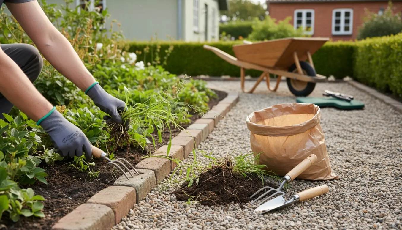 Nærbillede af handsker og værktøj mens ukrudt trækkes op i en velholdt forhave.