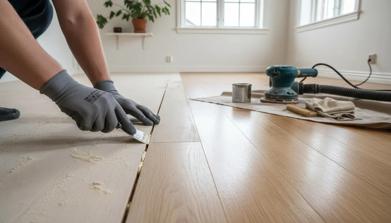 Nærbillede af slibning og oliering af trægulv i en lys, skandinavisk lejlighed.