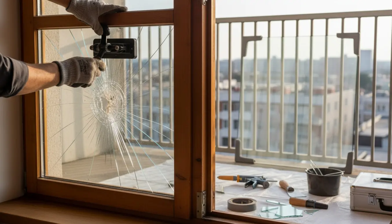 Hænder udskifter et flækket vindue ved en altan med sugekop, nyt glas og værktøj på et beskyttende underlag.
