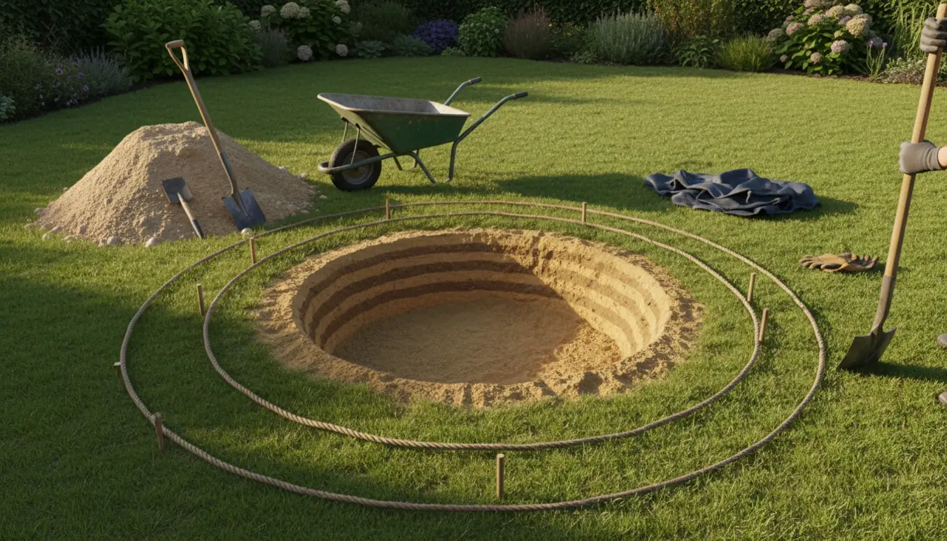 Delvist udgravet rundt hul i sandjord til nedgravet trampolin med to markerede cirkler, skovl, trillebør og sandbunke.