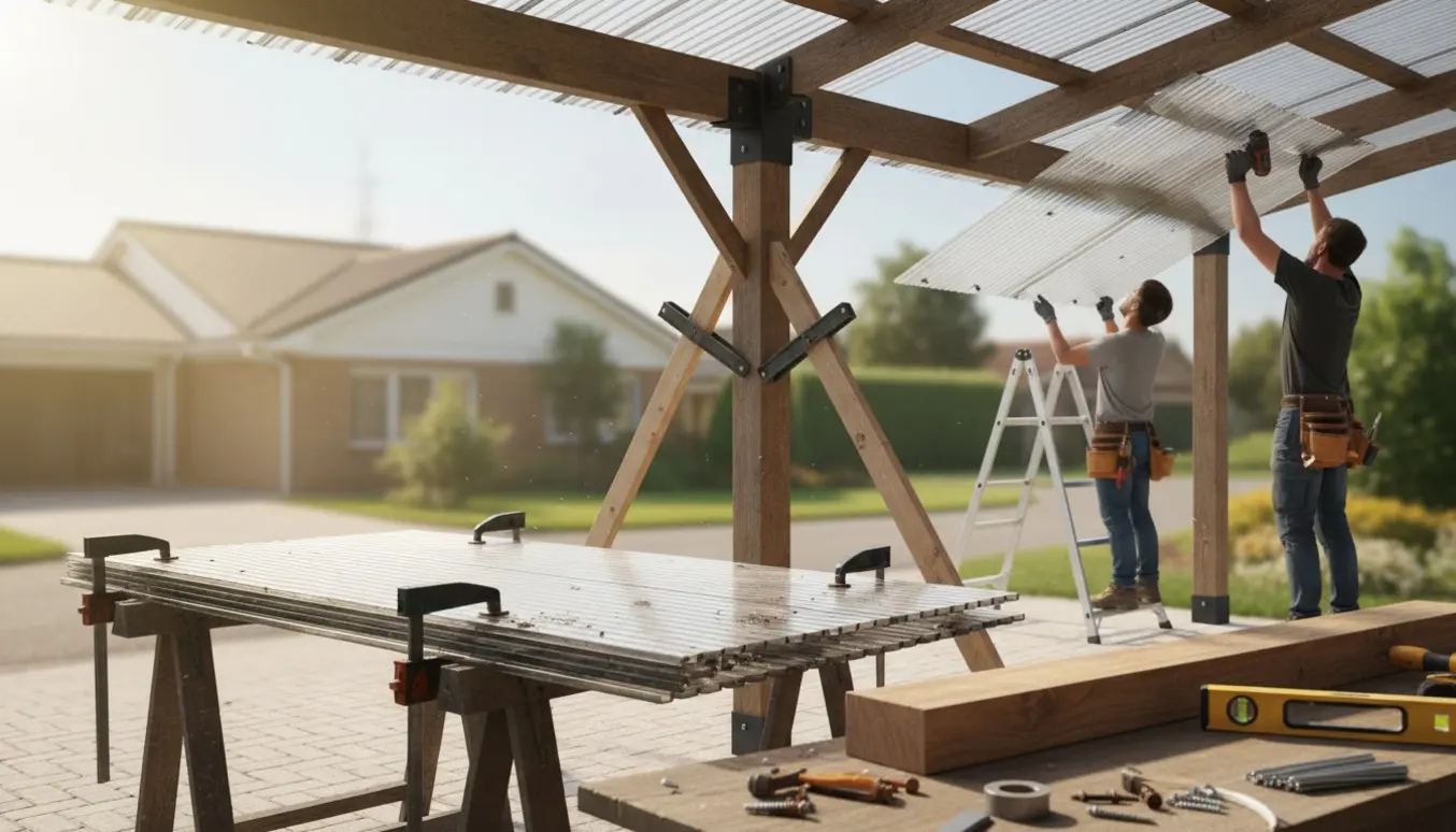 Carport under ombygning med nye tagplader og en fastspændt ny stolpe, værktøj i forgrunden.