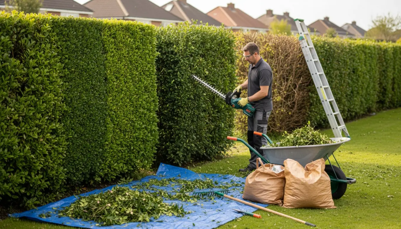 En person ses bagfra mens de trimmer lange ligusterhække og samler afklip i en trillebør.