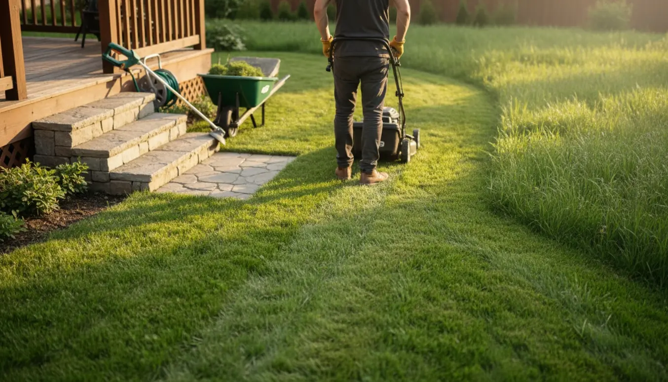 Håndskubbet plæneklipper slår en mellemstor plæne ved stenetrin og terrasse.