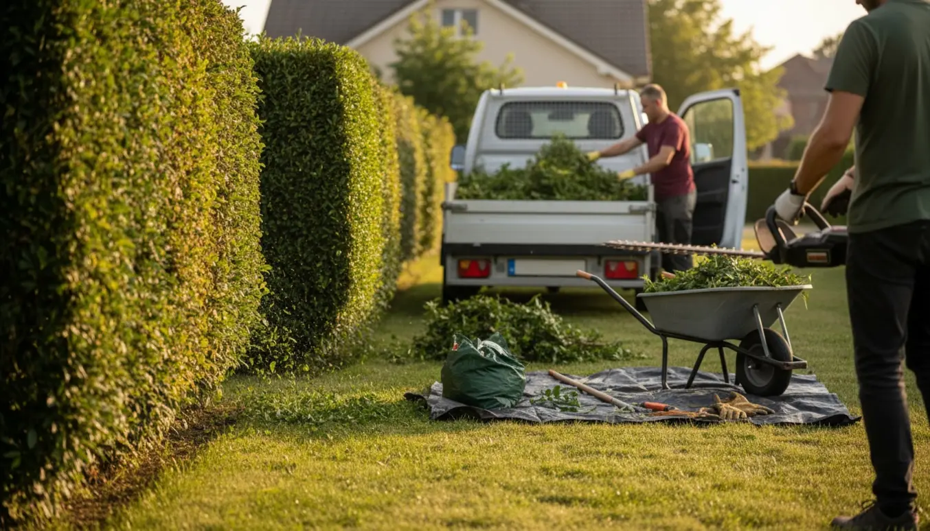 En havearbejder trimmer en lang hæk og læsser afklip i en trailer, med før-og-efter-udseende af hækken.