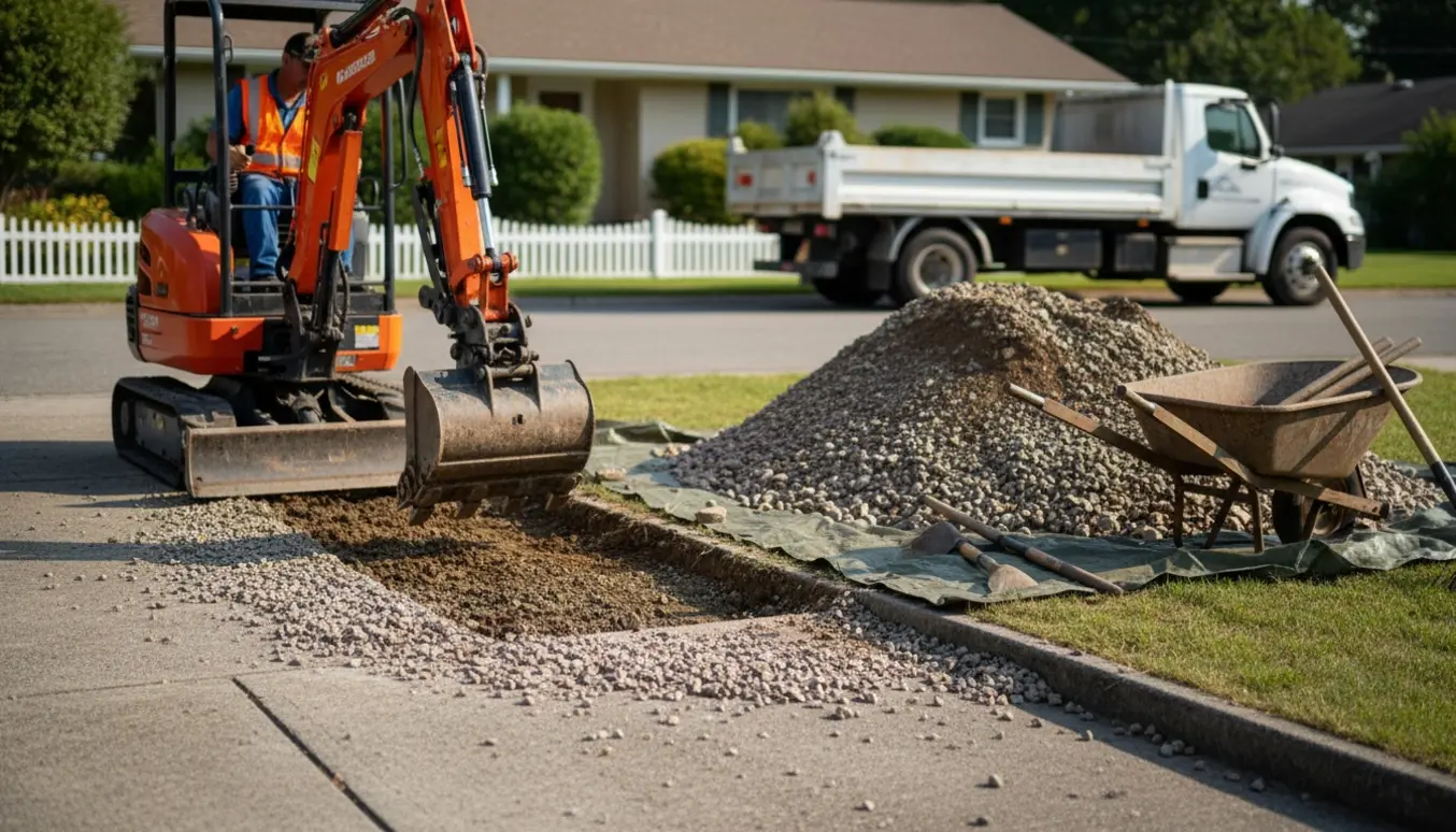 Minigraver og håndværker fjerner grus og topjord fra en indkørsel med materiale samlet på tarp og lastbil i baggrunden.