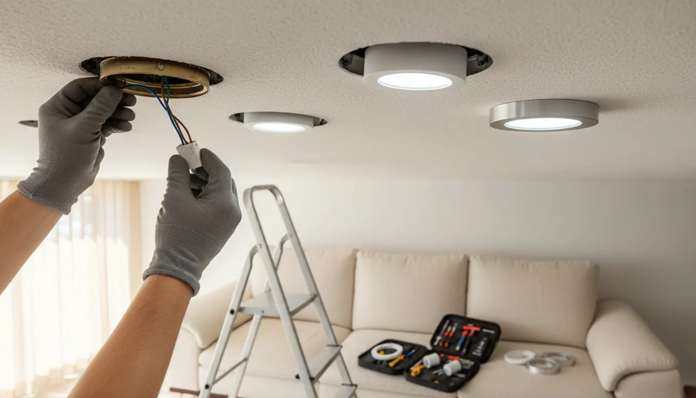 Nærbillede af udskiftning af fire indbygningsspots i loftet, hænder installerer LED-spots.