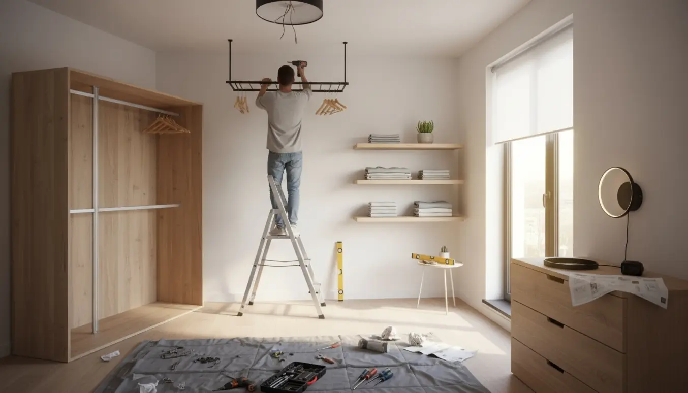 Delvist samlet garderobe og ophængt lofttøjstativ med monterede hylder og rullegardin i et lyst soveværelse.