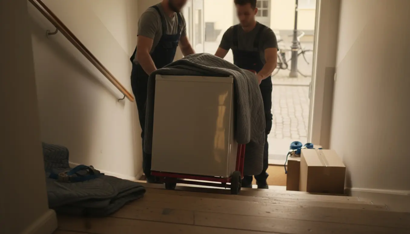Et lille køleskab bliver båret ud af en lejlighed på en dolly, dækket af flyttetæpper.