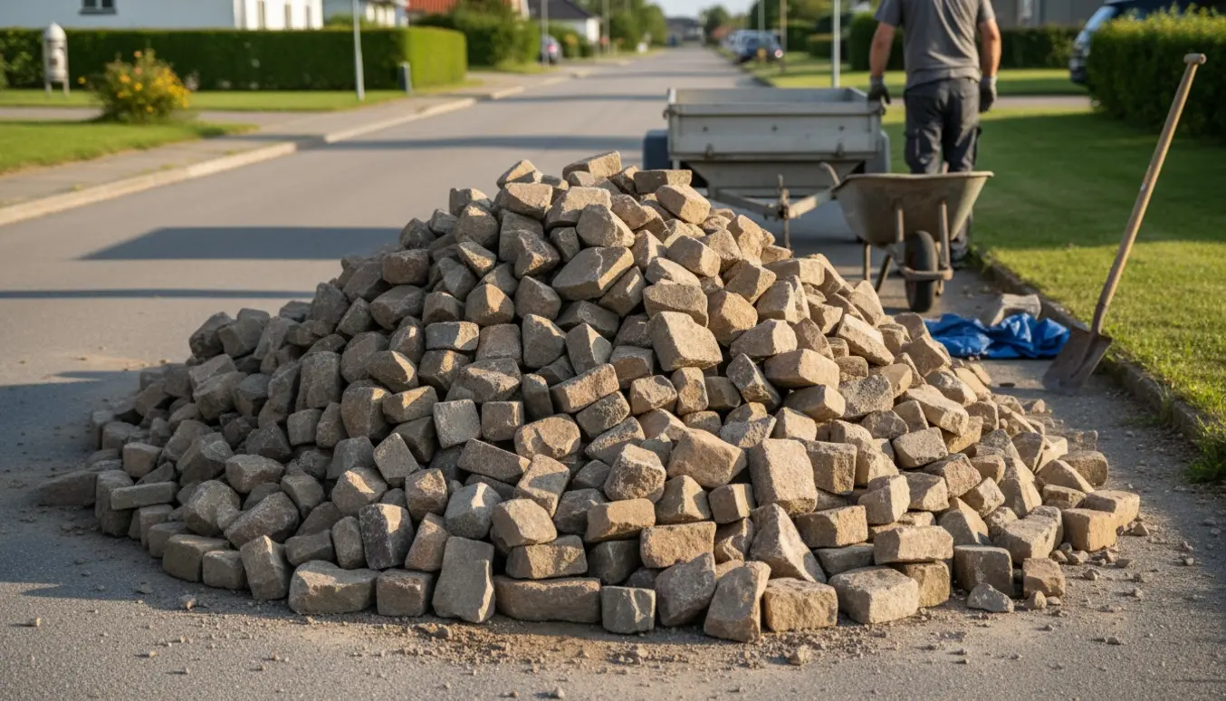 En bunke pigsten ved vejkanten klar til at blive lastet i trillebør og varevogn.