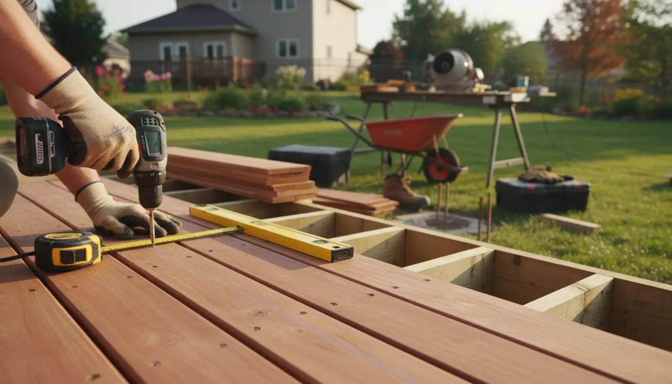 Delvist bygget træterrasse i baghaven med værktøj, materialer og håndværkere uden synlige ansigter.