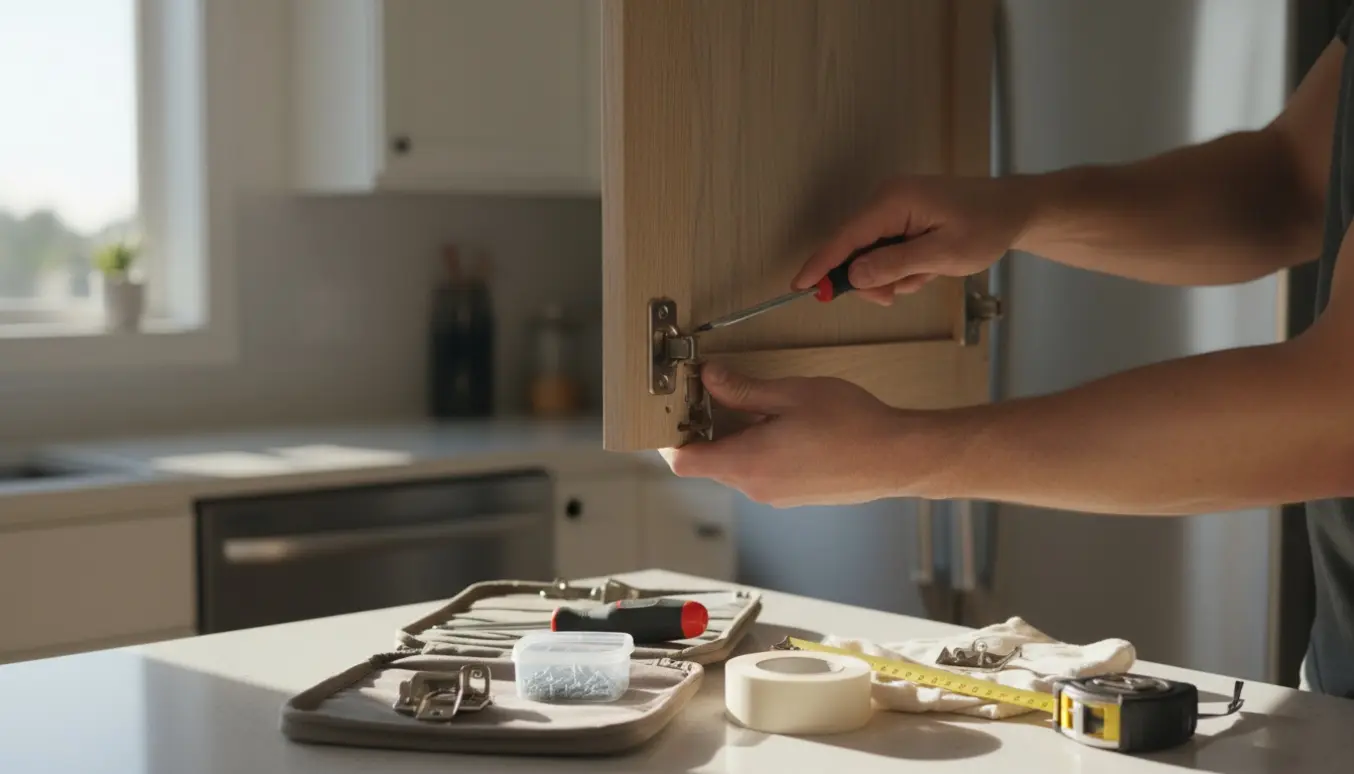 En hængende køkkendør på et køleskab med værktøj til udskiftning af beslag på bordet.