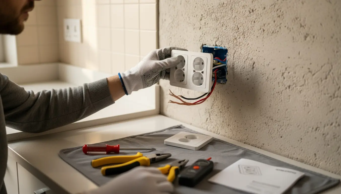 Montør skifter en enkelt stikkontakt til en dobbelt uden tænd/sluk i et køkken på en pudset gasbetonvæg.