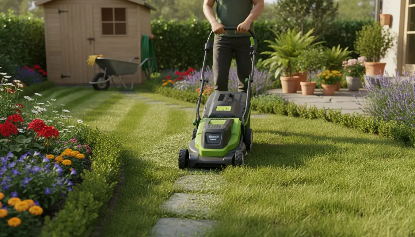 En person slår græs i en todelt villahave med en batteridrevet plæneklipper, hvor den ene side er nyslået.
