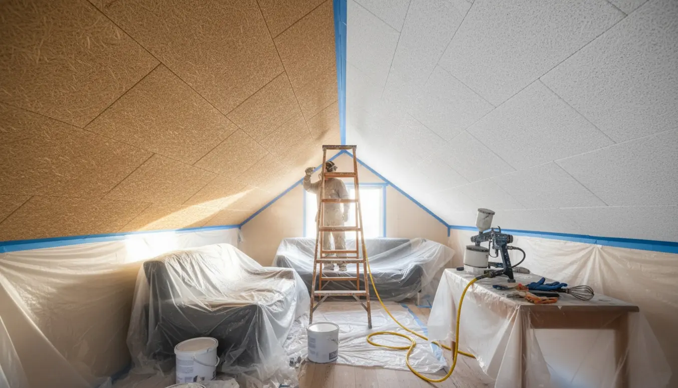 Indvendigt sommerhus med slankt stige under delvist sprøjtemalet troldtektloft og afdækkede møbler.