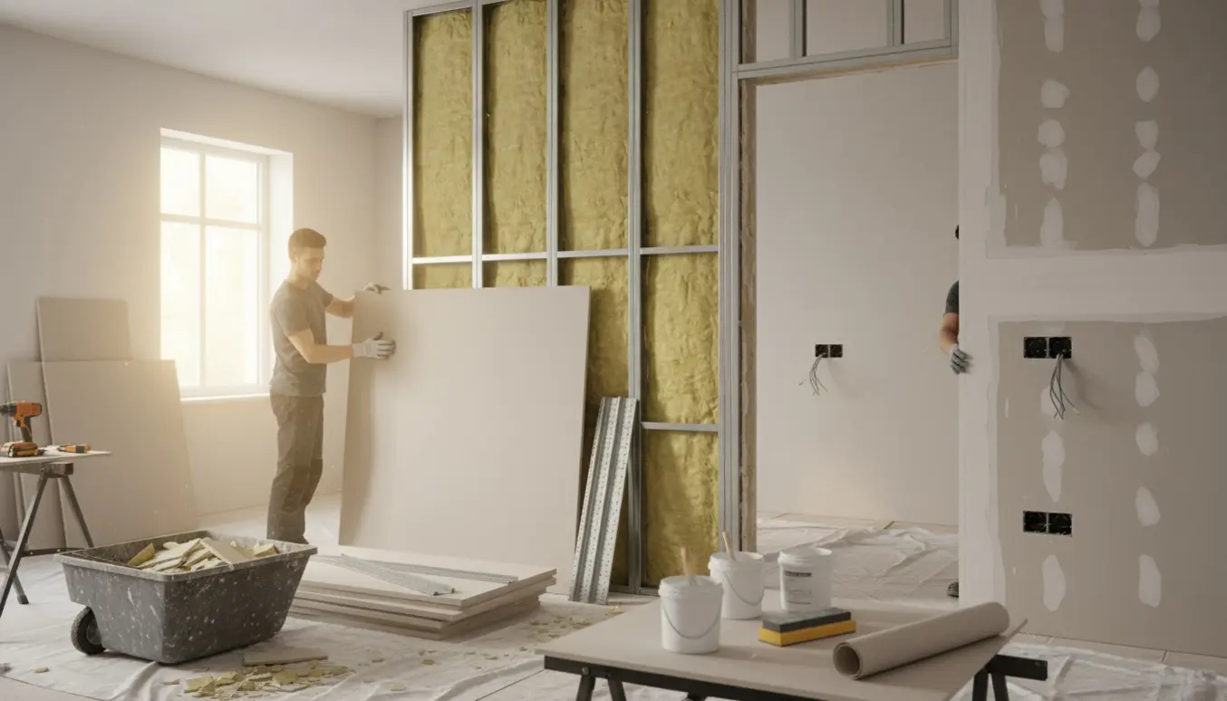 Indendørs renovering med en ny lydisoleret væg under opbygning, hænder ved et eludtag og en container med byggeaffald.