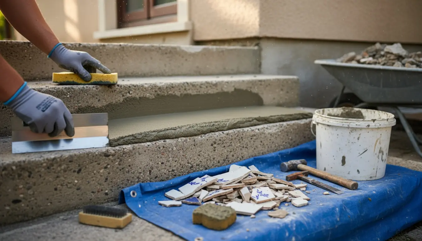 Renovering af betontrappe med fjernede fliser og en hånd, der glatter frisk cement med en murske.