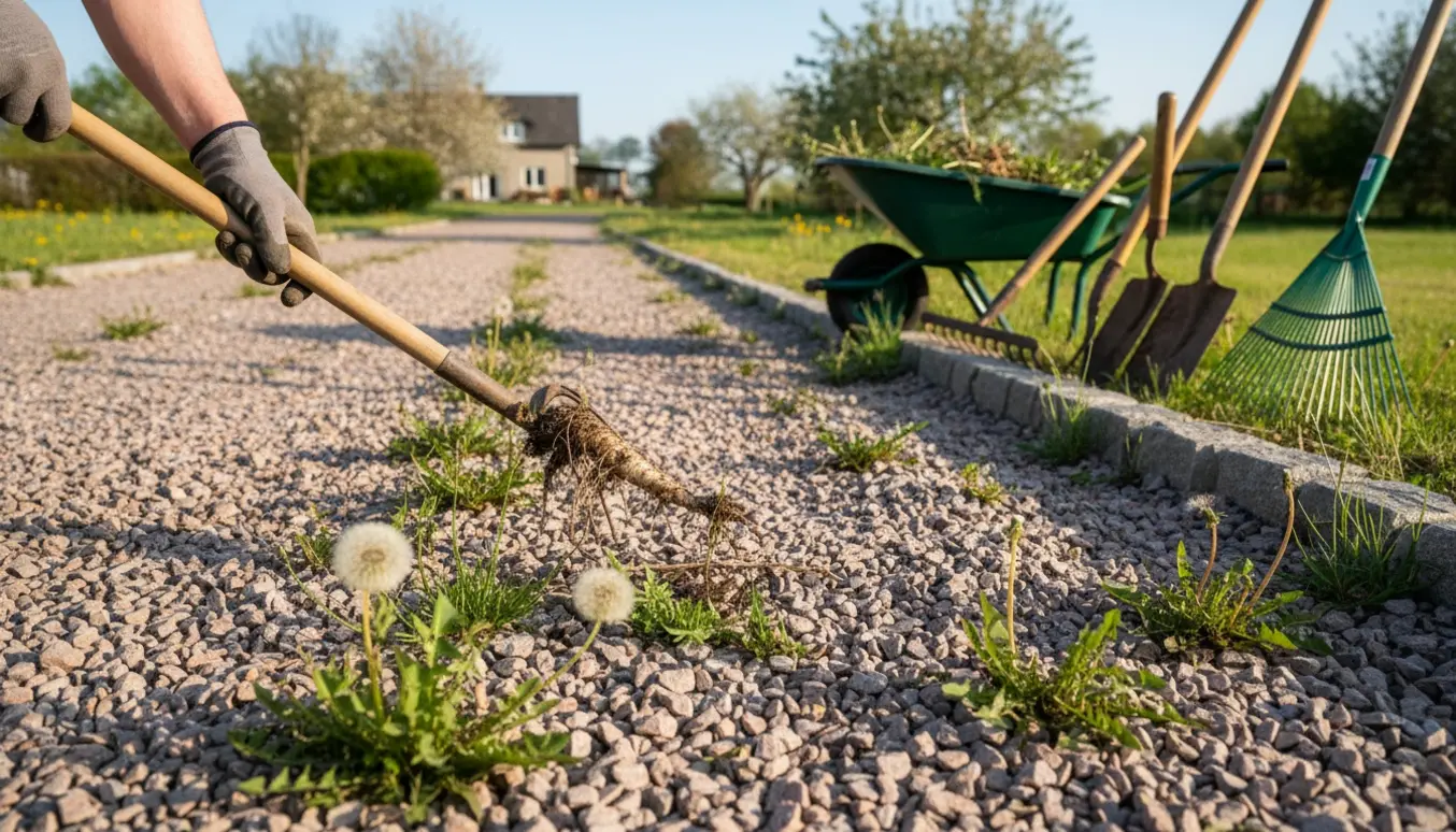 Hænder fjerner mælkebøtter og andet ukrudt fra en indkørsel med granitskærver ved hjælp af hakkejern og rive.