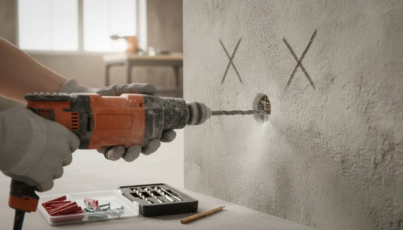 Nærbillede af en borehammer, der borer et hul i en markeret betonvæg med råplugs og støv synligt.