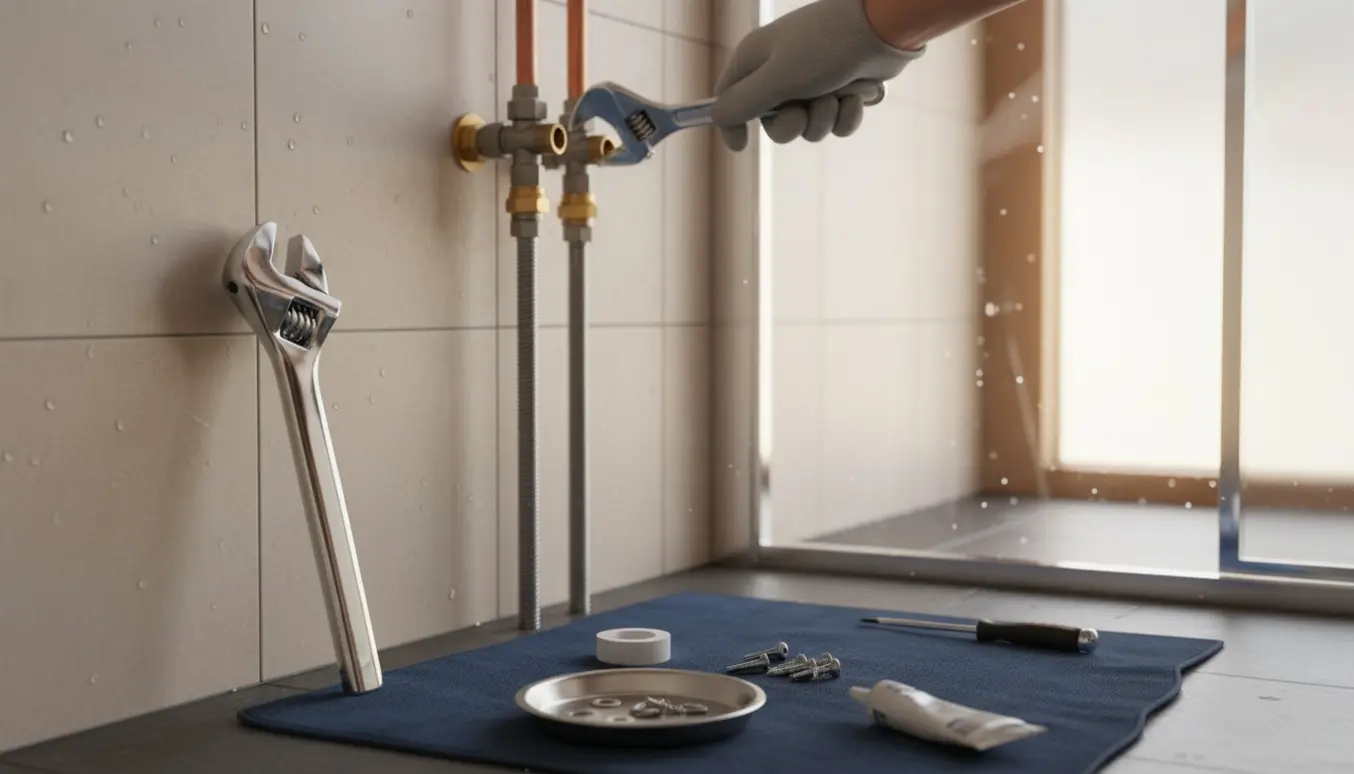 Nærbillede af hænder, der udskifter et krom blandingsbatteri i en brusekabine med værktøj og reservedel.