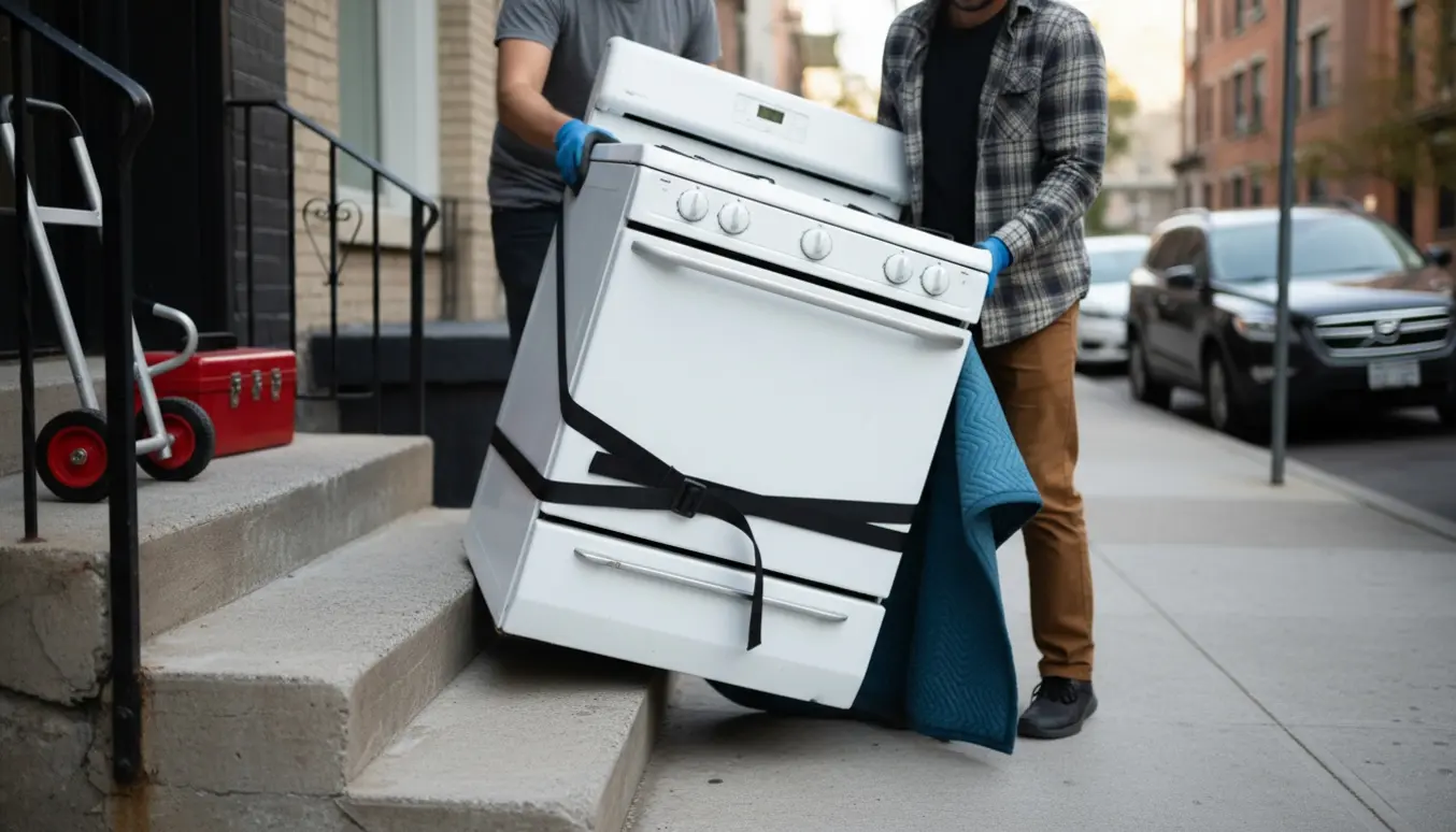 To flyttemænd bærer forsigtigt et komfur ned fra førstesalen mod fortovet.