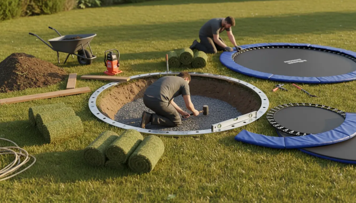 Nedgravet rund trampolin under montering i en have med jord, værktøj og arbejdende hænder.