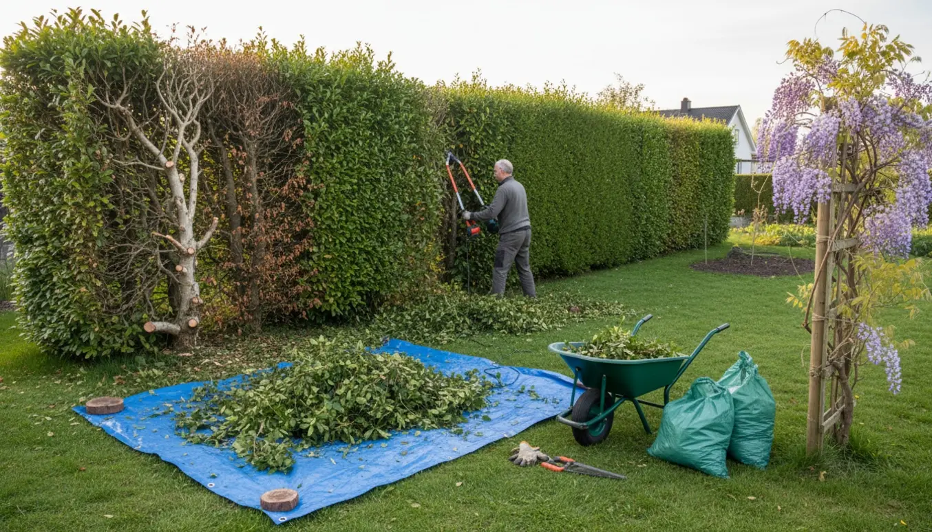 Ligusterhæk grovbeskåret og blåregn oprettet i en have med trillebør og opsamlet grøntaffald.