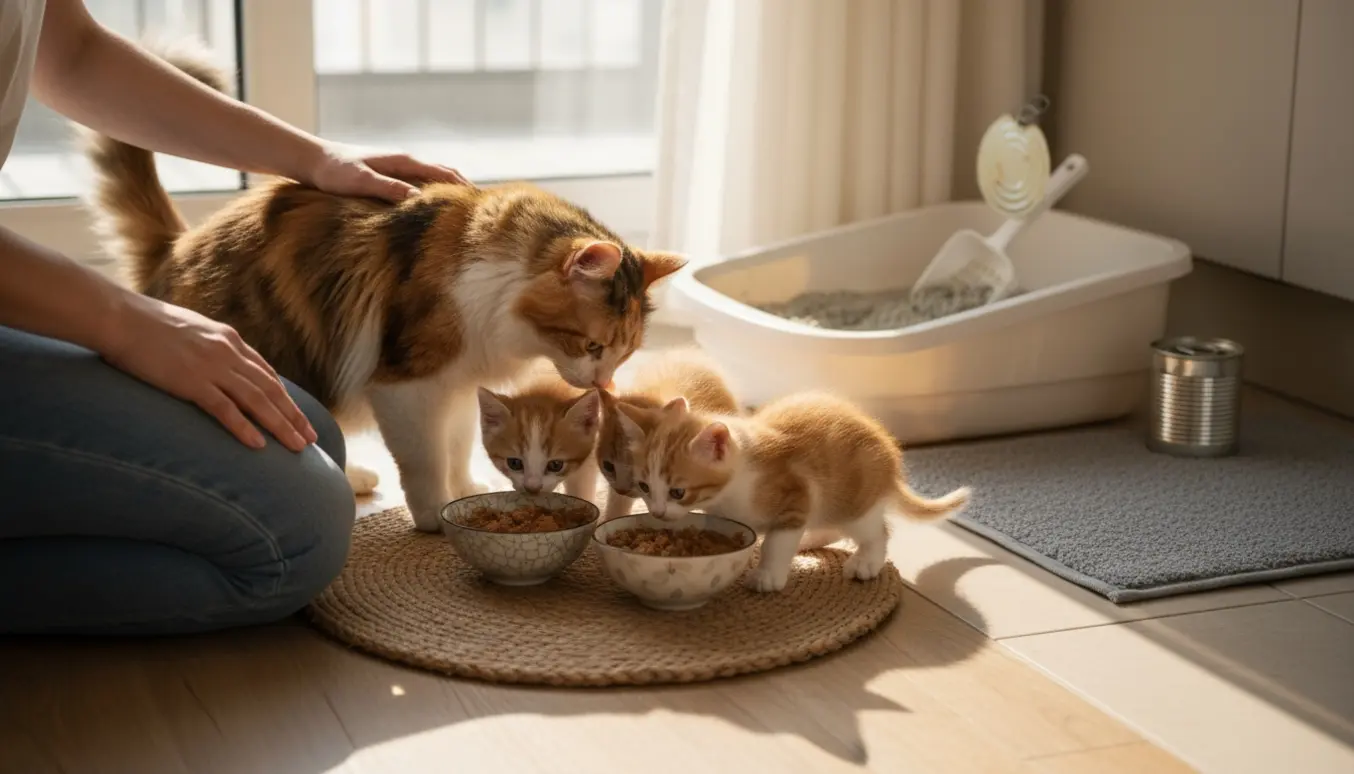 Hænder fodrer tre killinger og en voksen kat med vådfoder i en solfyldt lejlighed, mens en kattebakke bliver renset.