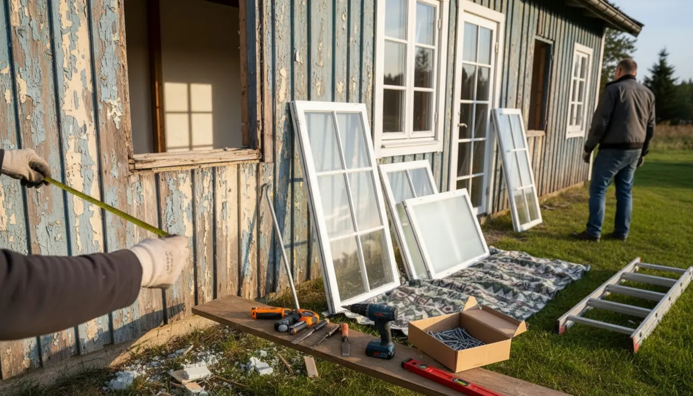 Håndværker måler et vindueshul og nye vinduesrammer og værktøj ligger klar ved et ældre sommerhus.