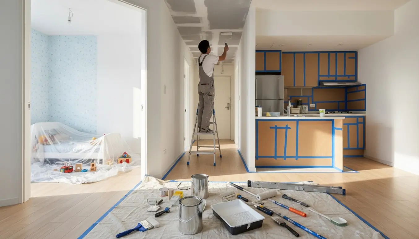 Malearbejde i lejlighed med maler på stige, hvide vægge og møbler dækket af.