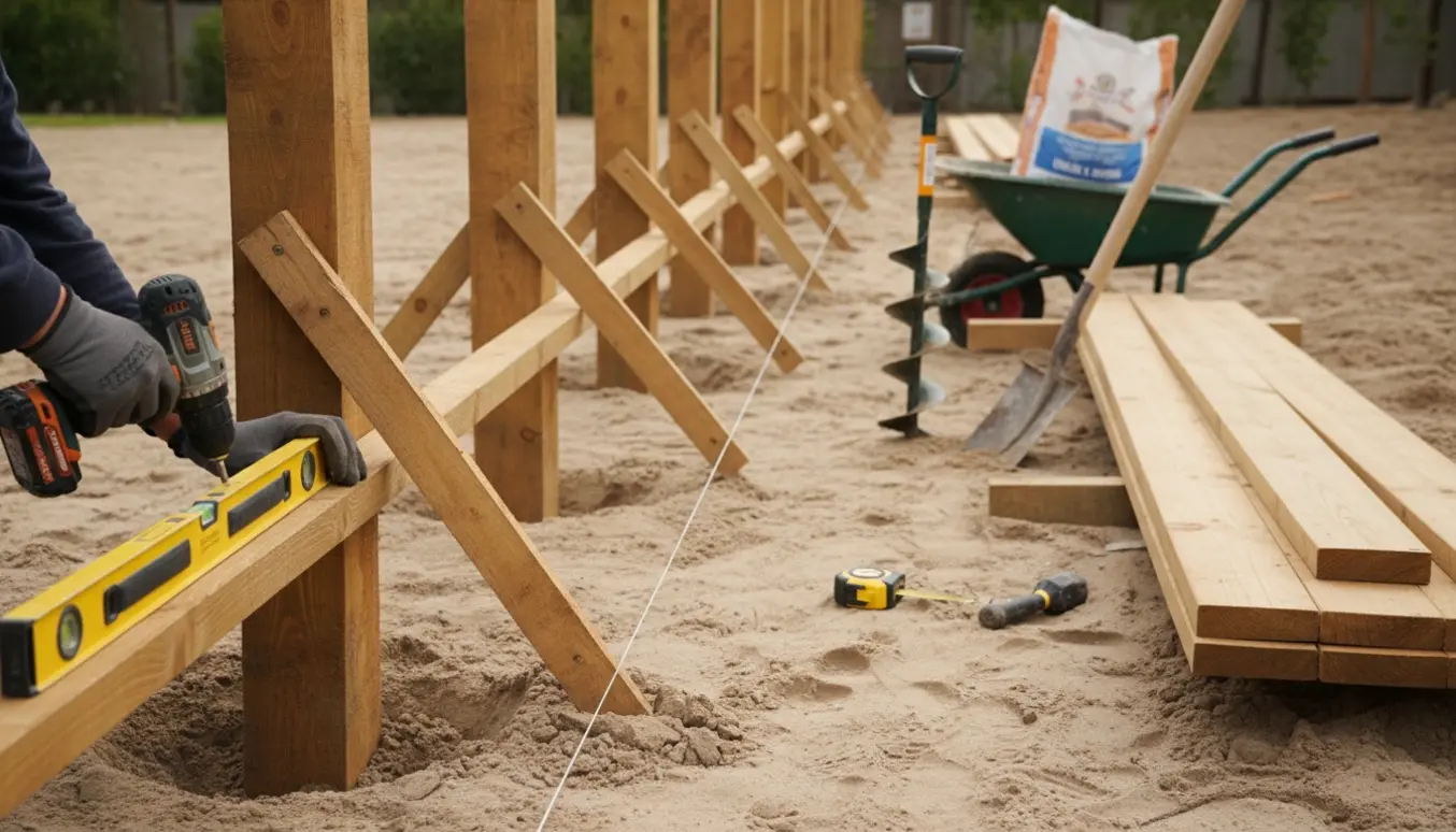 Opsætning af raftehegn i en sandet baghave med stolper i jorden, lange rafter stablet klar og hænder, der skruefastgør en rafter.