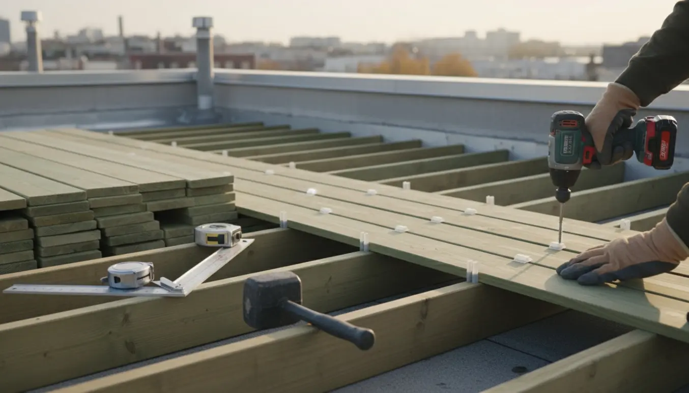 Nærbillede af installation af trykimprægnerede træbrædder på en tagterrasse med værktøj og bysilhuet i baggrunden.