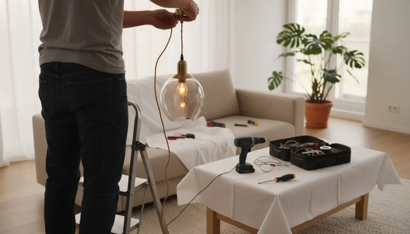 En person på en trappestige forbinder ledninger for at opsætte en hængelampe i en moderne stue.