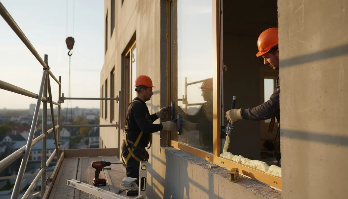 Håndværkere monterer et vindue på fjerde sal fra stillads med sugekopper, værktøj og sikkerhedsudstyr.