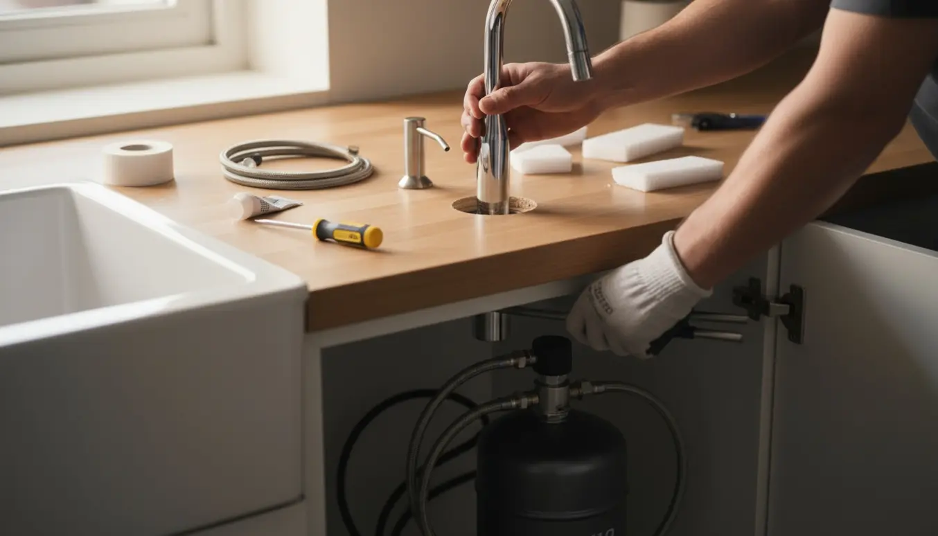 Installation af en moderne kogende-vandhane ved en køkkenvask med værktøj og åbent underskab.