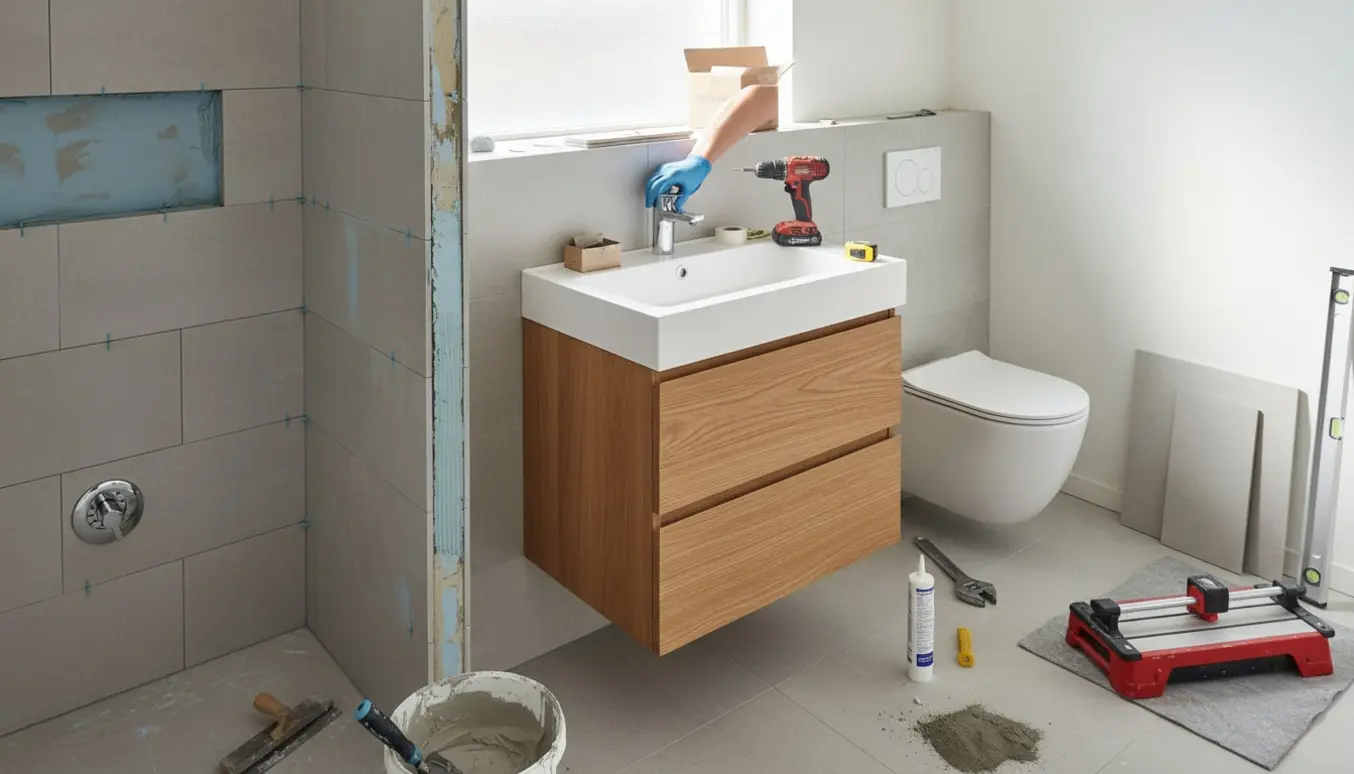 Lille badeværelse under renovering med ny bruseniche, væghængt toilet og væghængt skab med håndvask.