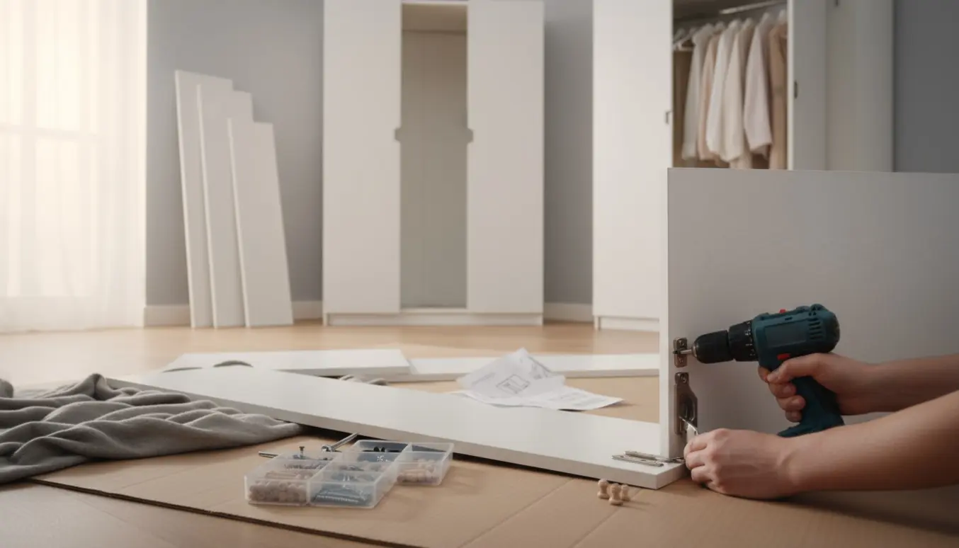 Nærbillede af montage af to hvide garderobeskabe med værktøj i et lyst, skandinavisk rum.