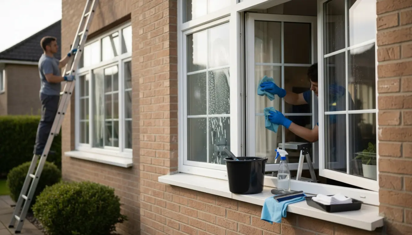 Professionel rengøring af ydre og indre vinduer med forsatsvinduer, værktøj og hænder i fokus.