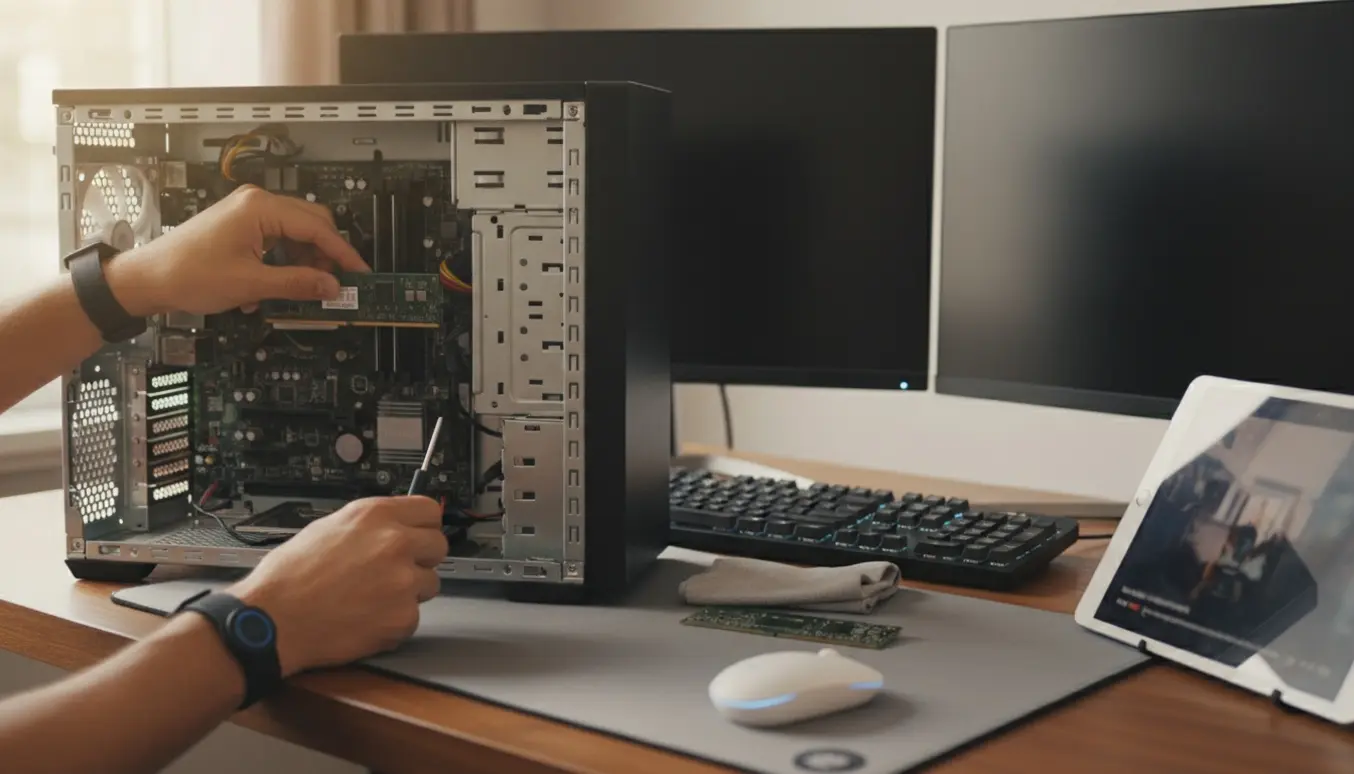 Åben stationær computer på skrivebord, hænder genindsætter et RAM-stik mens skærme er slukkede og den trådløse mus lyser.