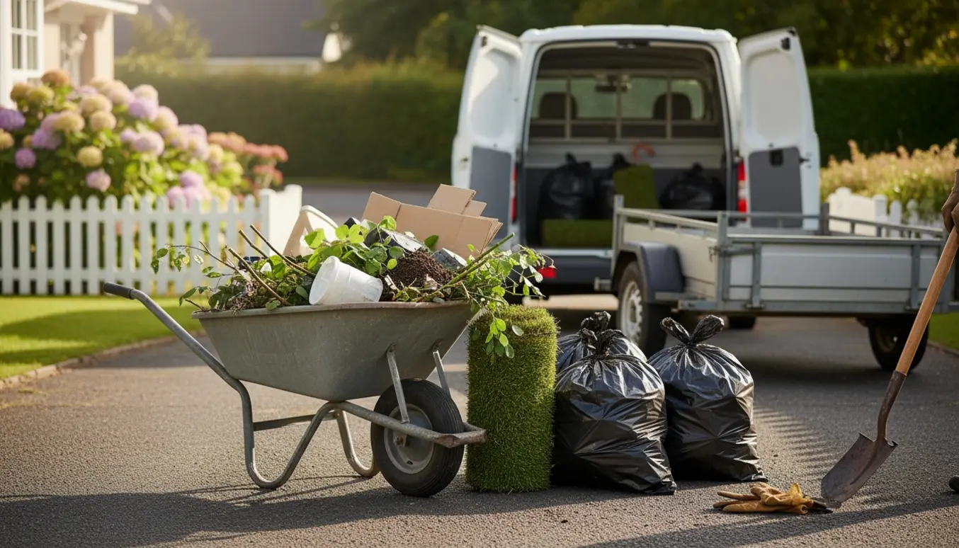 Trillebør med affaldssække og en rulle rullegræs ved en åben varevogn på indkørsel, klar til afhentning.