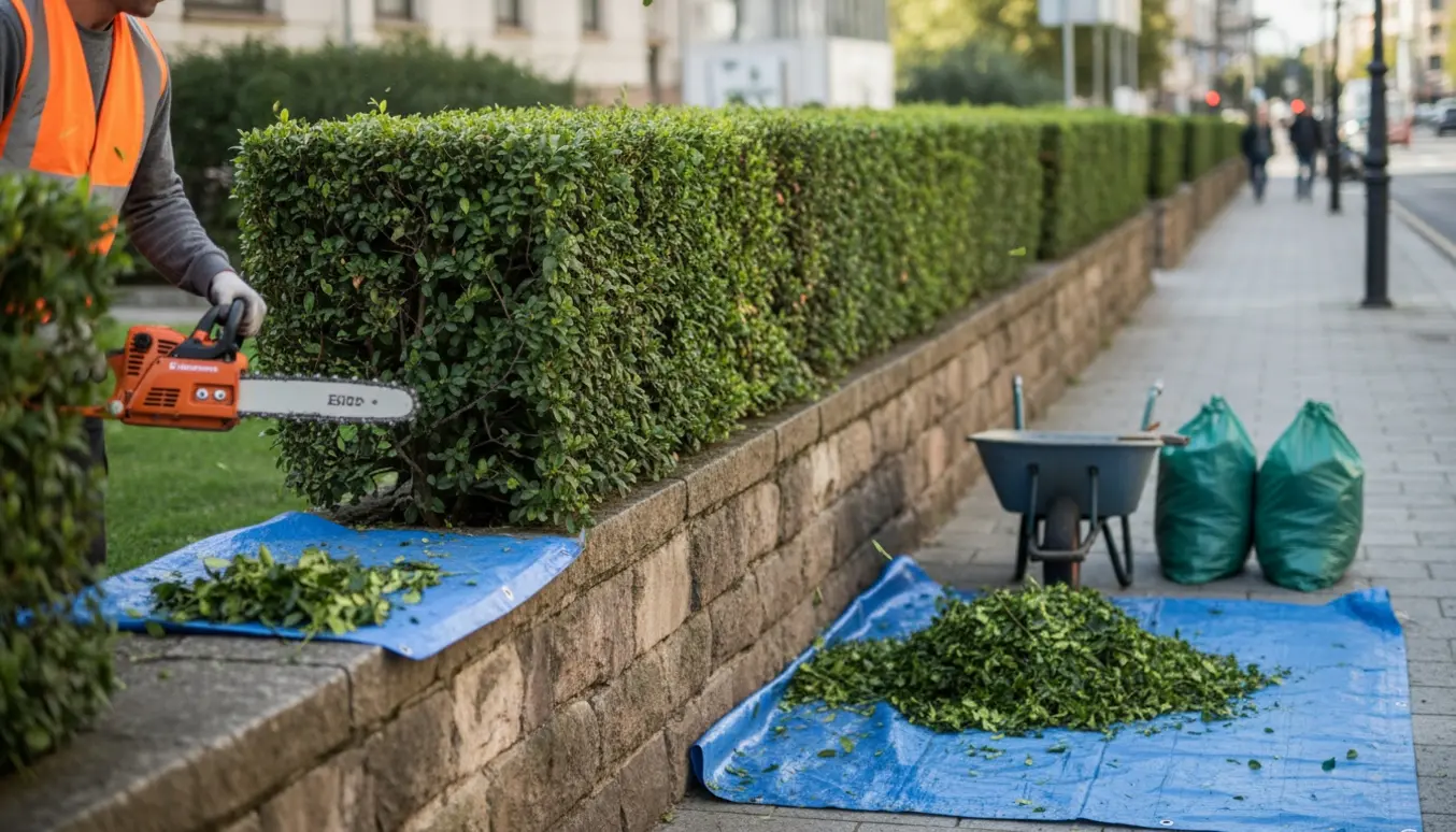 En arbejdshandske holder en motorsav mens en 15 m Navr-hæk på en 1 m høj stenmur trimmes langs fortovet.