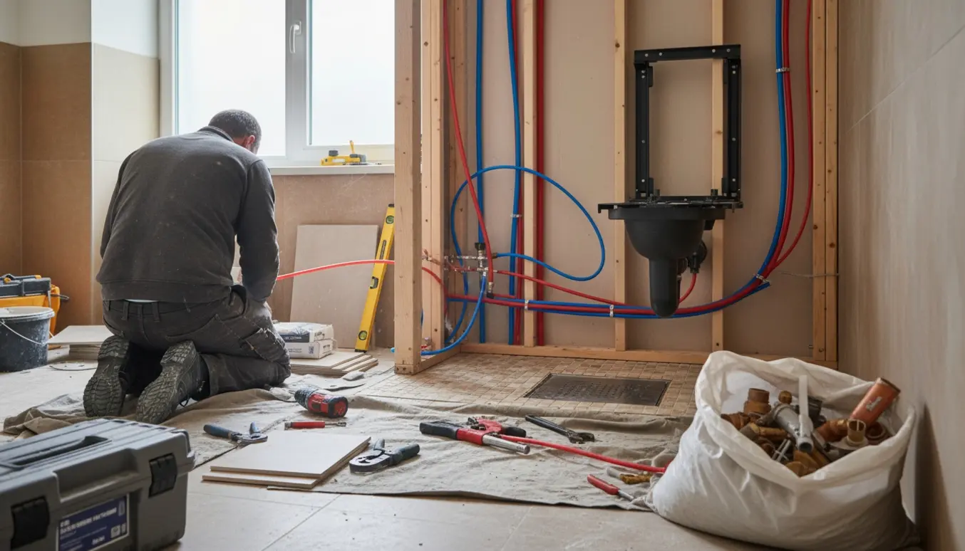 VVS-installatør fra ryggen monterer PEX-rør og Geberit Duofix-ramme ved badeværelsesrenovering med Blücher gulvafløb i brusenichen.