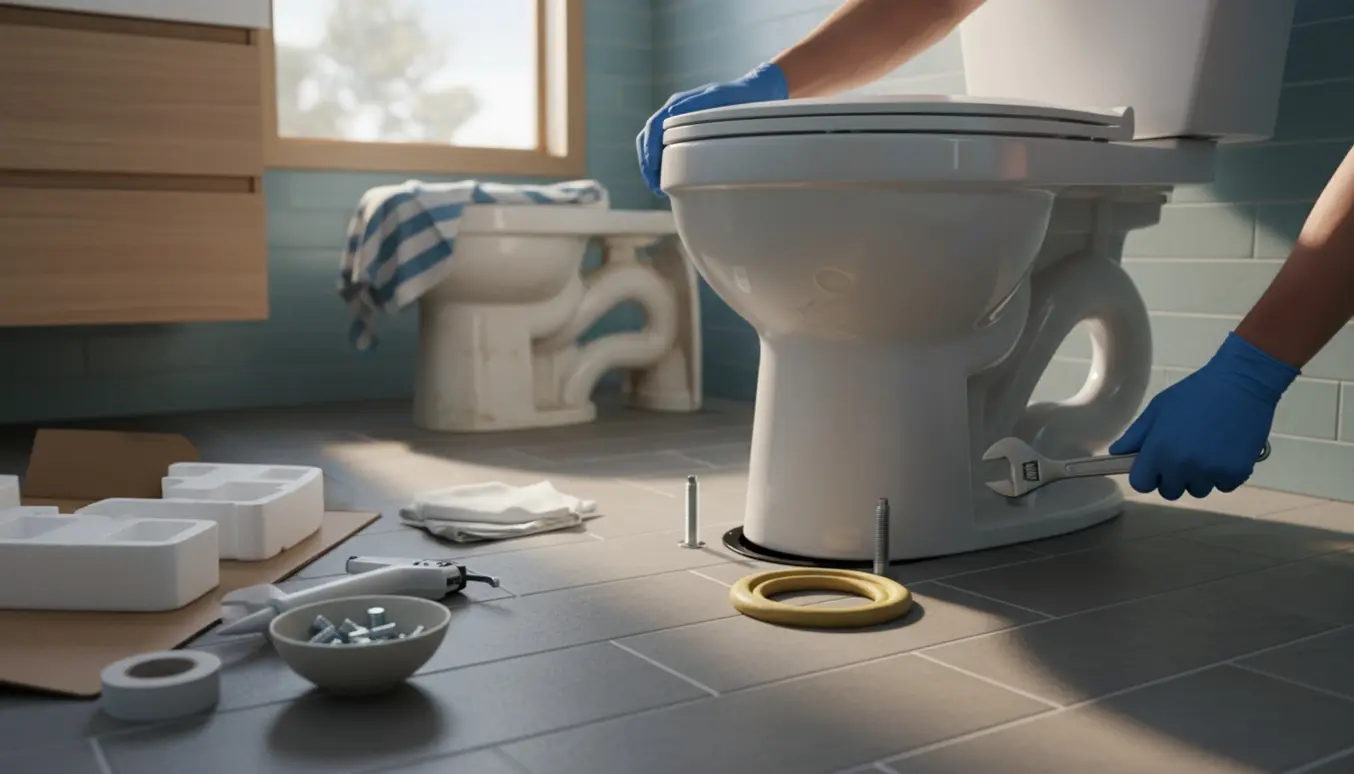 Installatør monterer nyt gulvtoilet i lyst badeværelse med det gamle toilet og værktøj ved siden af.