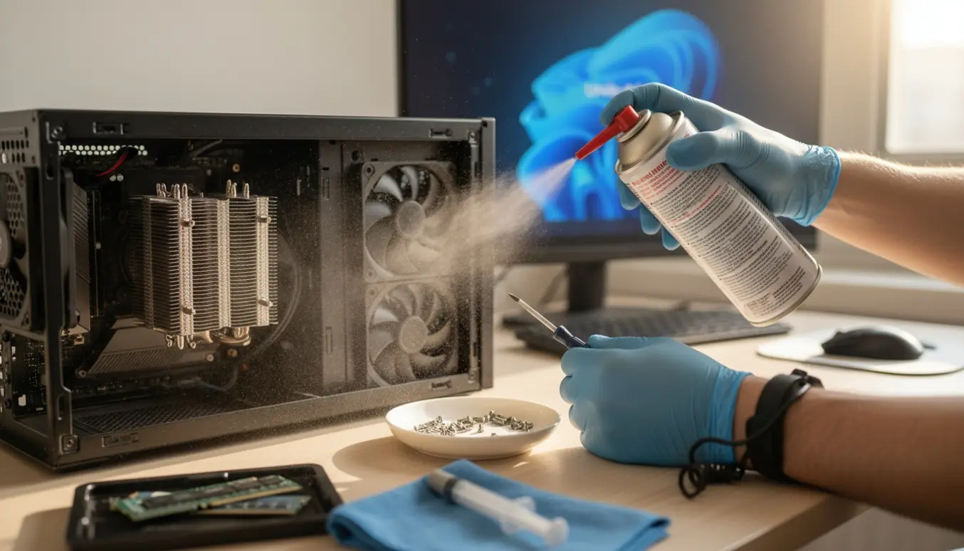 Nærbillede af hænder, der renser og opdaterer en åben pc med trykluft, skruetrækker og nye komponenter på et skrivebord.