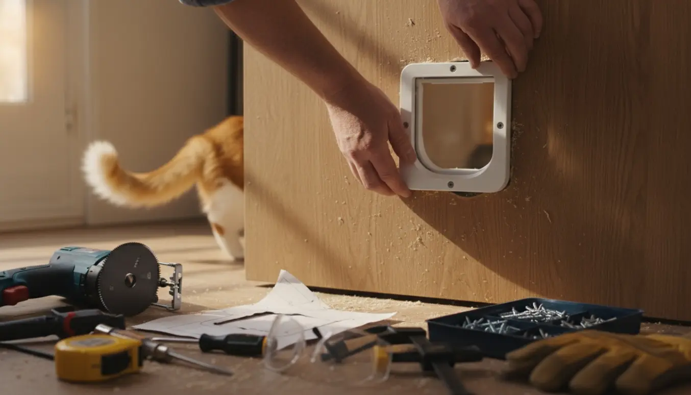 Nærbillede af isætning af en kattelem i en trædør med værktøj og savsmuld.