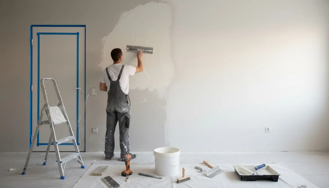 Fuldspartling og maling af en ny gipsvæg med værktøj udlagt på et beskyttelsesunderlag i et lyst rum.