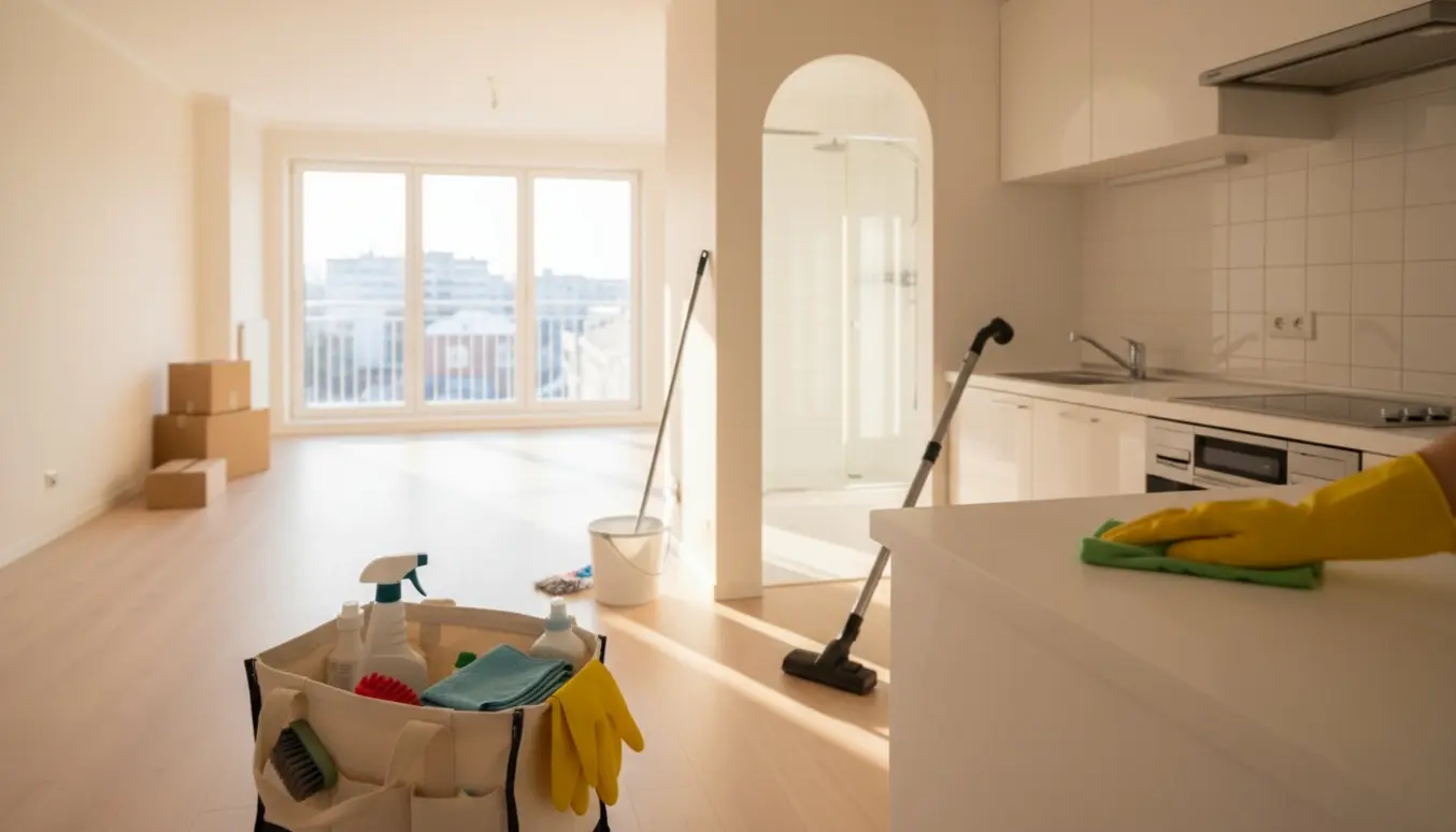 Tom, solbeskinnet 90 m² lejlighed på 4. sal med rengøringsudstyr i forgrunden og nypudset køkken og badeværelse.