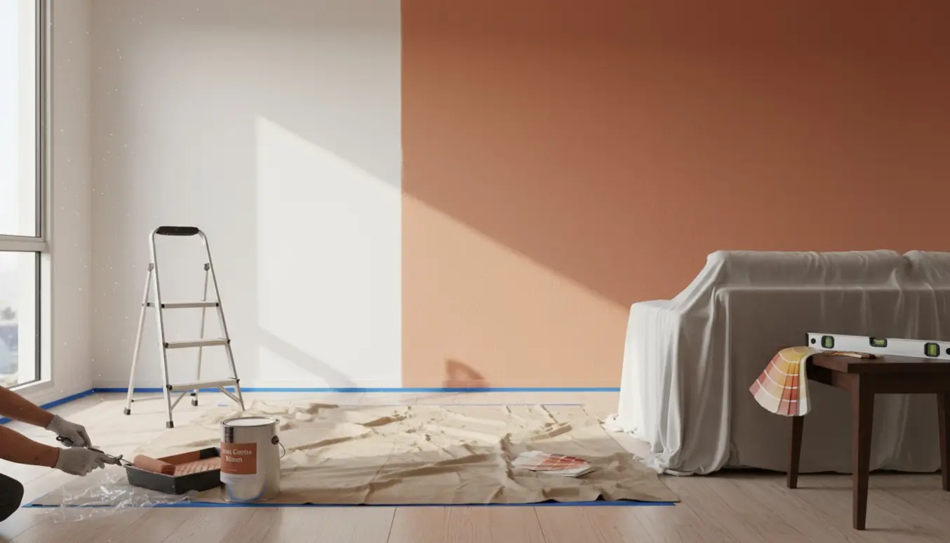 Et stuehjørne hvor kun én væg er halvmalet, med malergrej på et beskyttelseslærred.