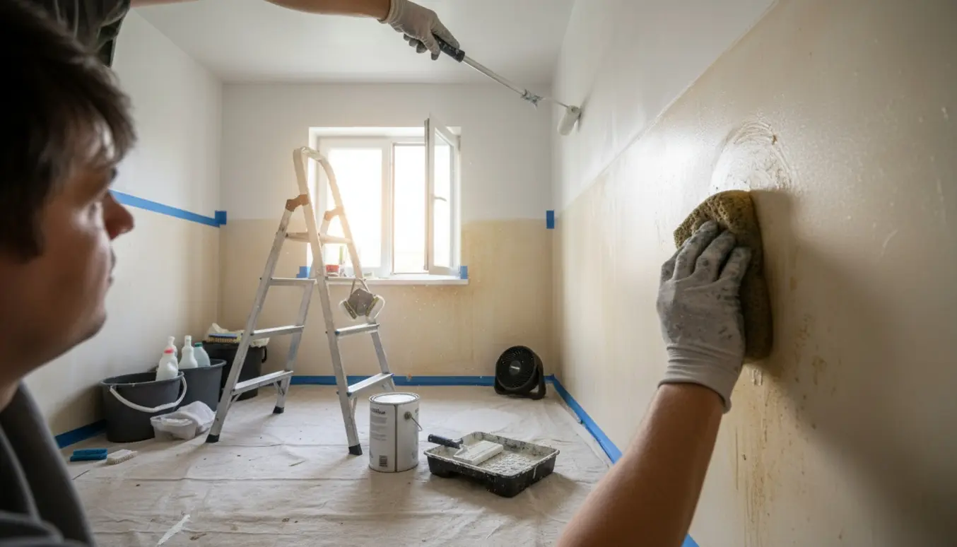 Person vasker og påfører spærre på vægge og loft i et lille rum for at fjerne lugt.